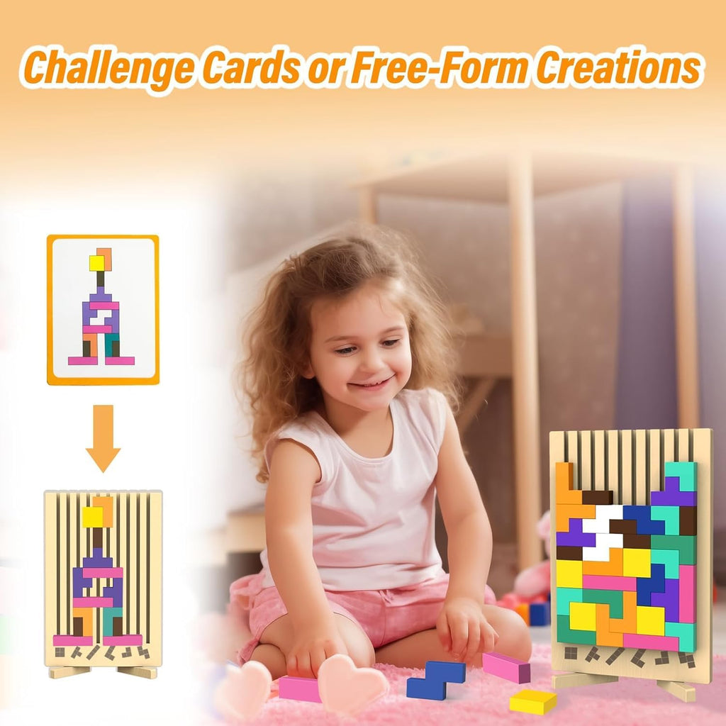 Wooden Block Puzzle Montessori Toys, Colorful Stacking Game Brain Teaser Puzzles for Toddlers and Kids with 20 Cards,