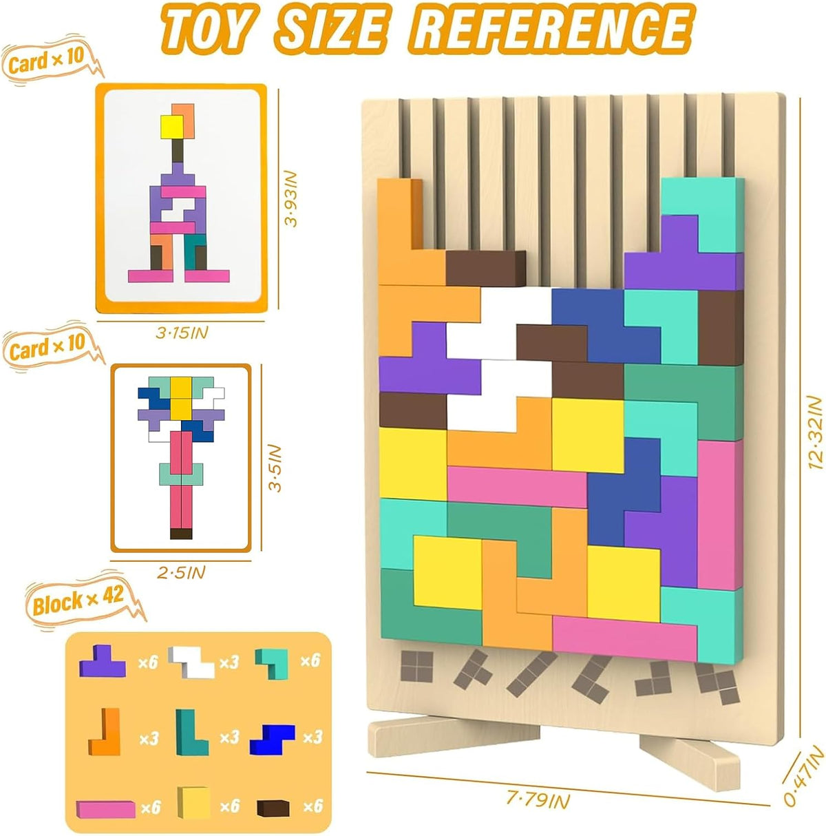 Wooden Block Puzzle Montessori Toys, Colorful Stacking Game Brain Teaser Puzzles for Toddlers and Kids with 20 Cards,