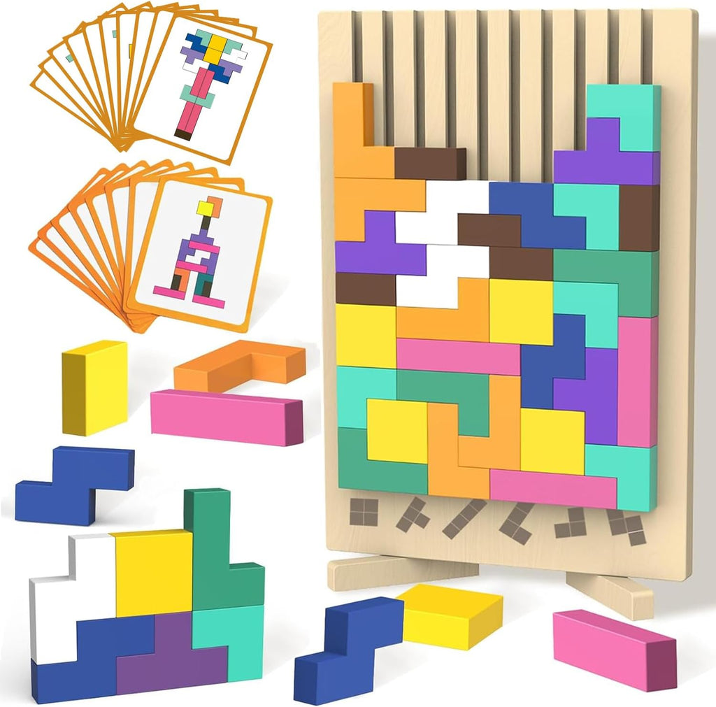 Wooden Block Puzzle Montessori Toys, Colorful Stacking Game Brain Teaser Puzzles for Toddlers and Kids with 20 Cards,