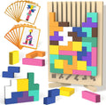 Wooden Block Puzzle Montessori Toys, Colorful Stacking Game Brain Teaser Puzzles for Toddlers and Kids with 20 Cards,