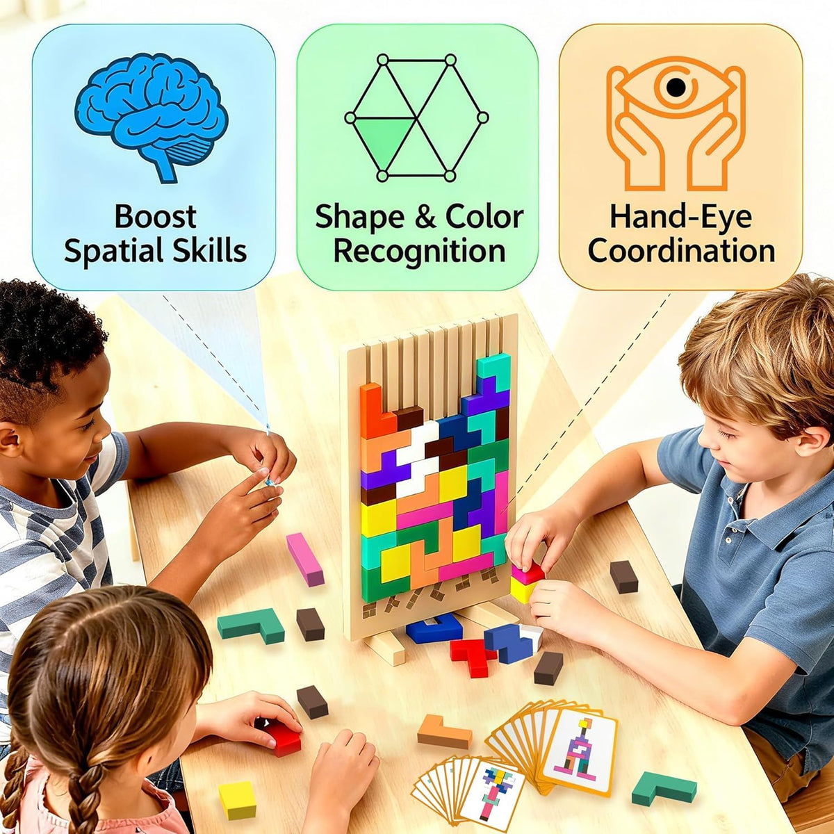 Wooden Block Puzzle Montessori Toys, Colorful Stacking Game Brain Teaser Puzzles for Toddlers and Kids with 20 Cards,