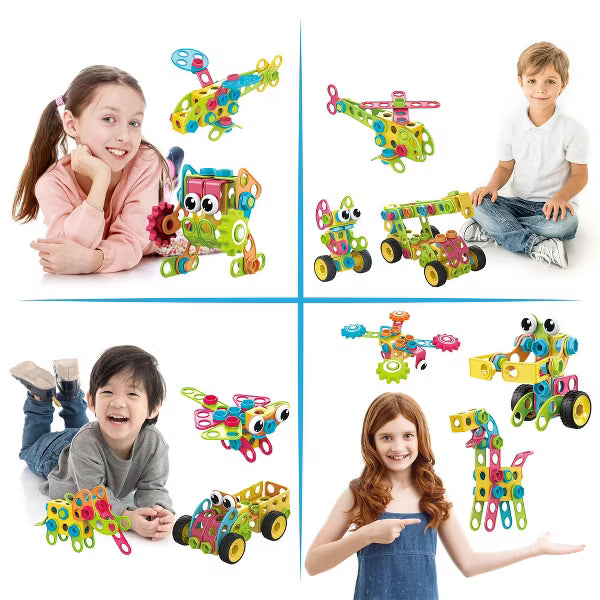 PICASSO-TILES 250PCS STEM Building Block Construction Kit – Engineering Toy with IdeaBook, Power Drill & Clickable Ratchet for Kids