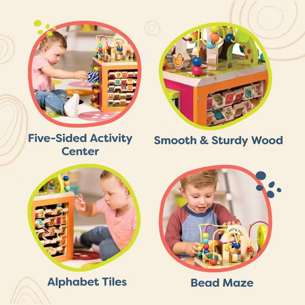 B. toys Wooden Activity Cube - Zany Zoo: Educational Play with Animals, Spinners, Bead Rollercoaster, Functional Doors