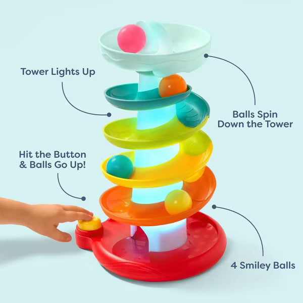 B. toys Pop-O-Color Ball Tower - Swirly Ball Drop Toy with Lights and 4 Colorful Balls, Fine Motor Skills