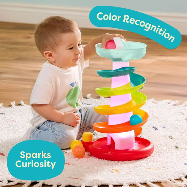 B. toys Pop-O-Color Ball Tower - Swirly Ball Drop Toy with Lights and 4 Colorful Balls, Fine Motor Skills