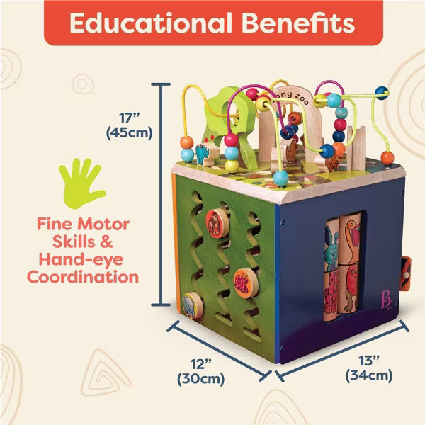 B. toys Wooden Activity Cube - Zany Zoo: Educational Play with Animals, Spinners, Bead Rollercoaster, Functional Doors