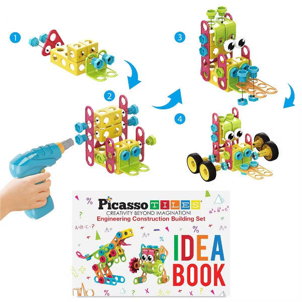 PICASSO-TILES 250PCS STEM Building Block Construction Kit – Engineering Toy with IdeaBook, Power Drill & Clickable Ratchet for Kids