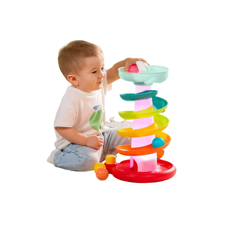 B. toys Pop-O-Color Ball Tower - Swirly Ball Drop Toy with Lights and 4 Colorful Balls, Fine Motor Skills